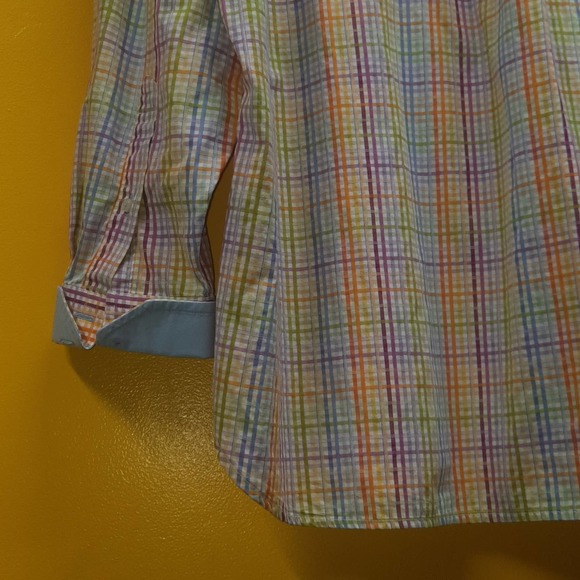 Tommy Hilfiger rainbow plaid check 80' 2 ply fabric button up flip cuff shirt XL - Picture 3 of 8